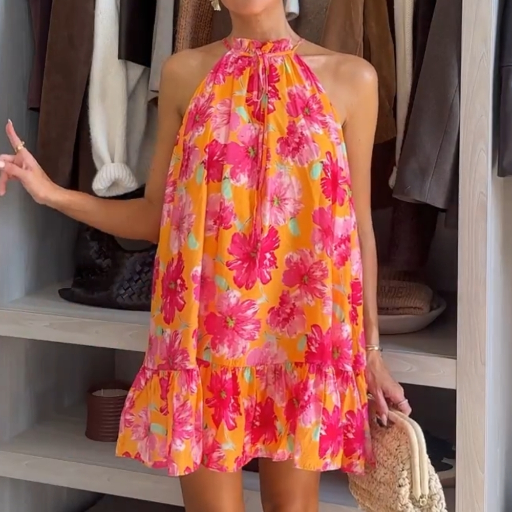 NWT H&M Ruffle-detail Sleeveless Dress Orange/pink Floral 1280469002 XS, S, M